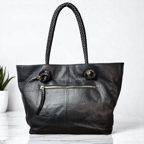Clarks Black Leather Tote – Braided Handles, Front Zip Pocket | Everyday Carry - Picture 1 of 9
